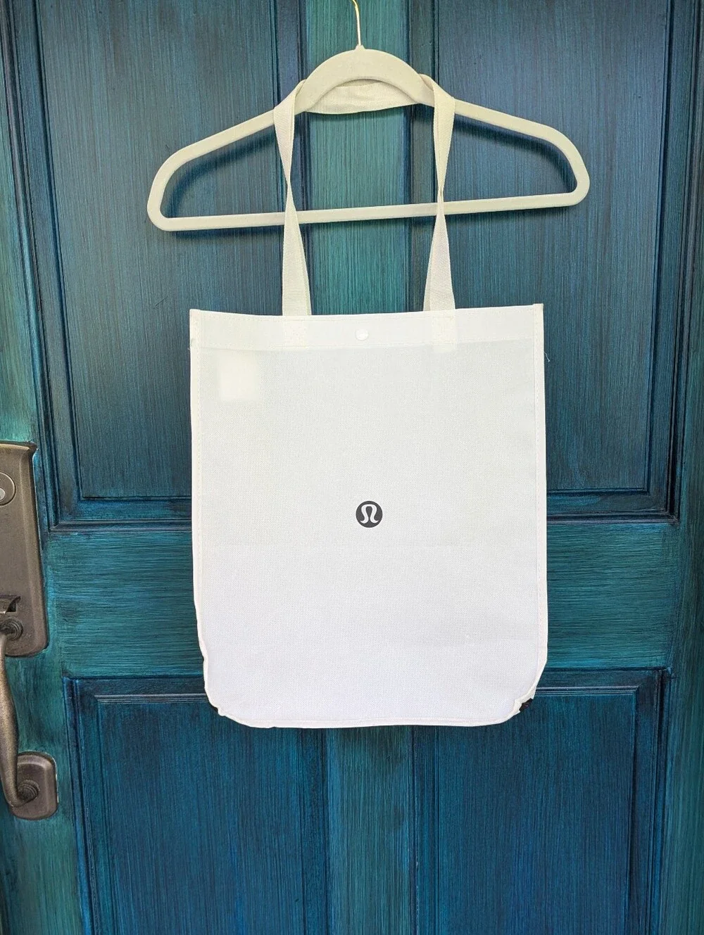 Lululemon Reusable Shopping Tote Bag | White Black Logo Snap Closure